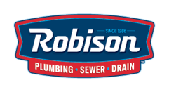 Robison Plumbing Sewer Drain logo with white text on a blue background and a red banner displaying "PLUMBING • SEWER • DRAIN.