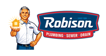 A man in a white shirt holds a glowing house icon next to a Robison Plumbing, Sewer, Drain logo with a blue and red banner.