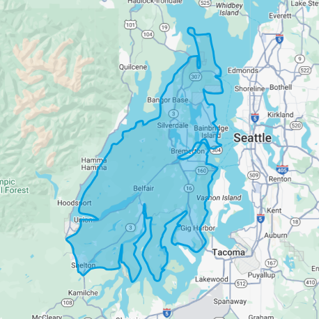 Map showing the boundaries of the Kitsap Peninsula region in Washington state, including areas near Seattle, Tacoma, Bainbridge Island, and surrounding towns.
