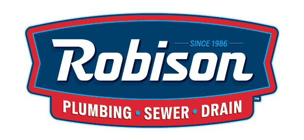 Logo for Robison Plumbing Sewer Drain, established in 1986, with blue and red colors and white text highlighting plumbing, sewer, and drain services.