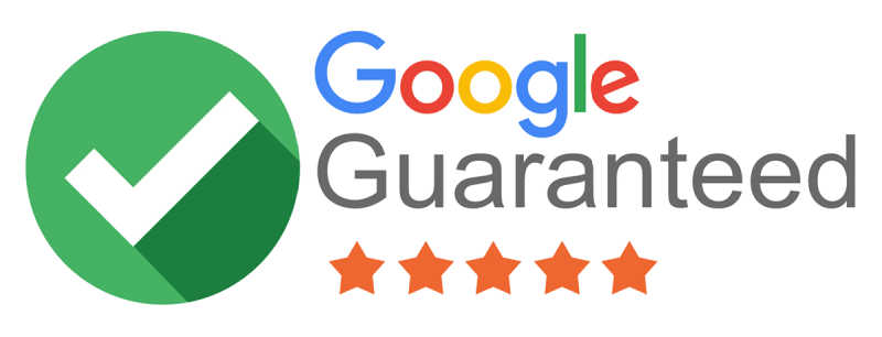 Google Guaranteed badge featuring a large green circle with a white check mark, the Google logo, the word "Guaranteed," and five orange stars below.