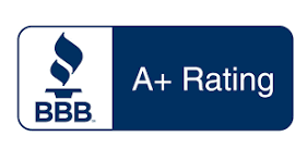 BBB logo with a torch symbol on the left and "A+ Rating" text on the right, all on a blue and white background.